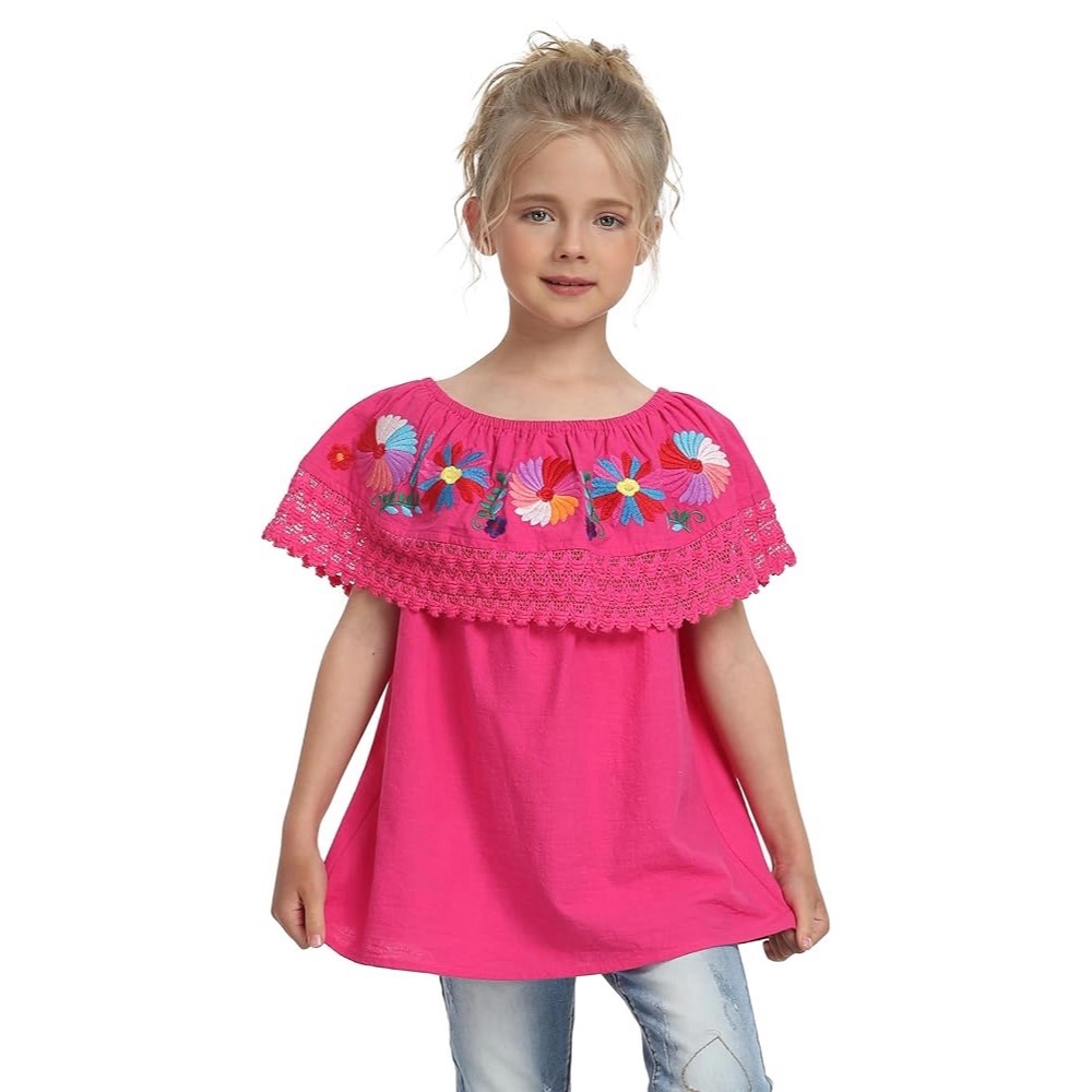 Girls Mexican Traditional Embroidered Off The Shoulder Peasant Lace Blouse